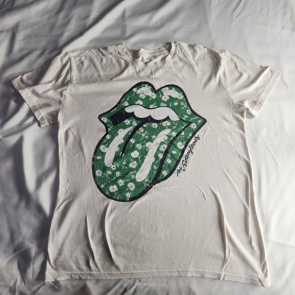 Rolling Stones T Shirt Green Floral Tongue Logo Graphic Band Tee